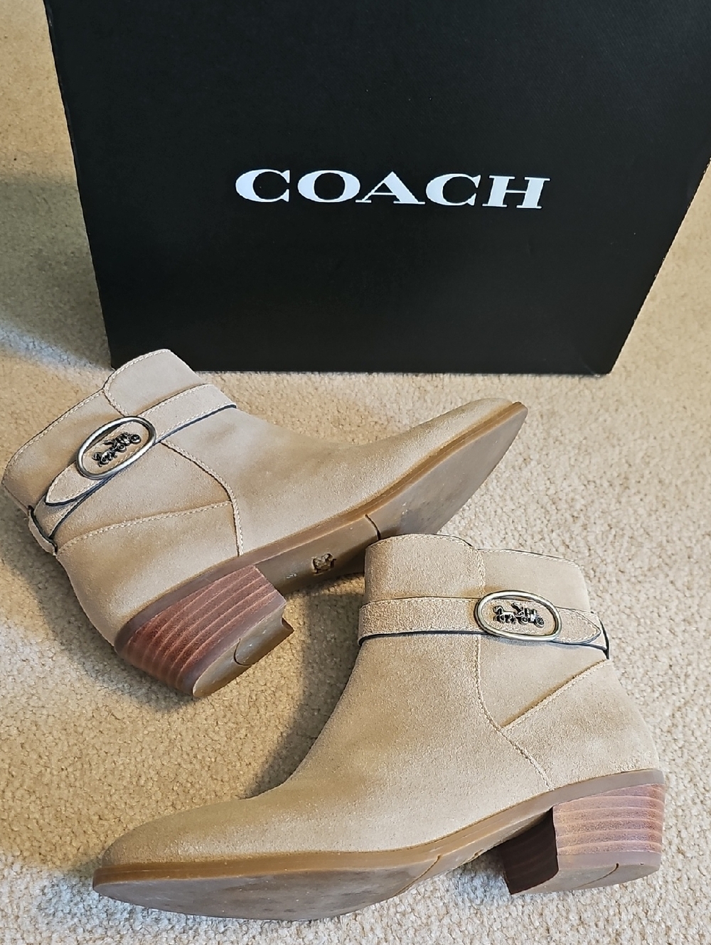 Coach Beige Suede Ankle Booties with Branded Medallion